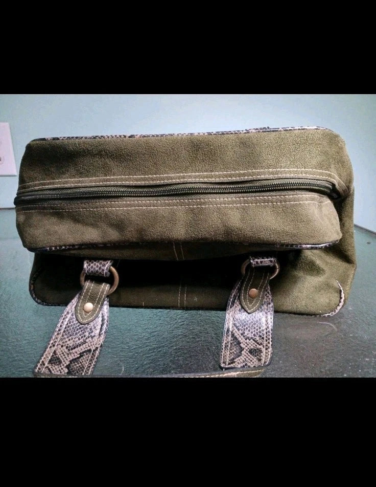 Sage Green Leather Suede Bag with Snake Print Trim