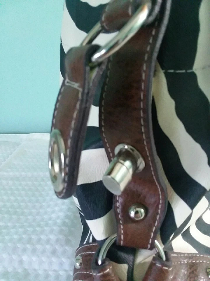 Black and White Striped Ladies Hand Bag with Brown Leather Strap