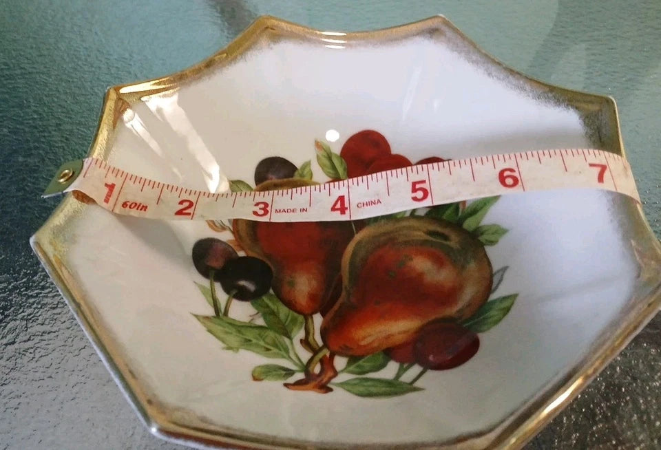 Vntg Fruit Bowl "Pears And Cherries" Octagon Shape Trim With Gold
