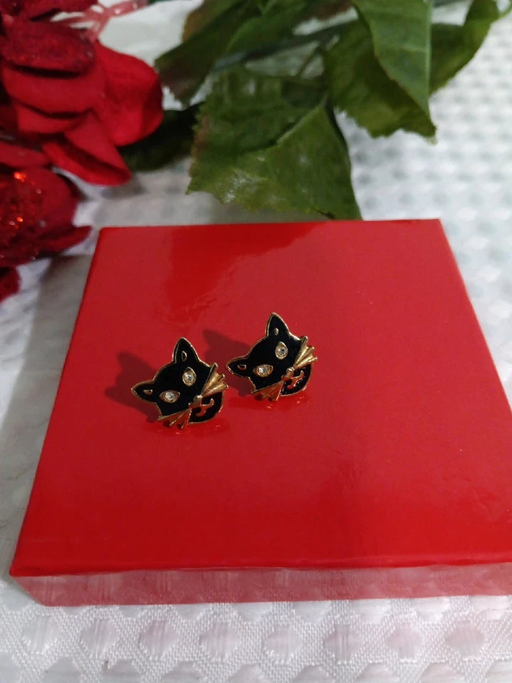 Black Cat Post Earrings - Gold Plated