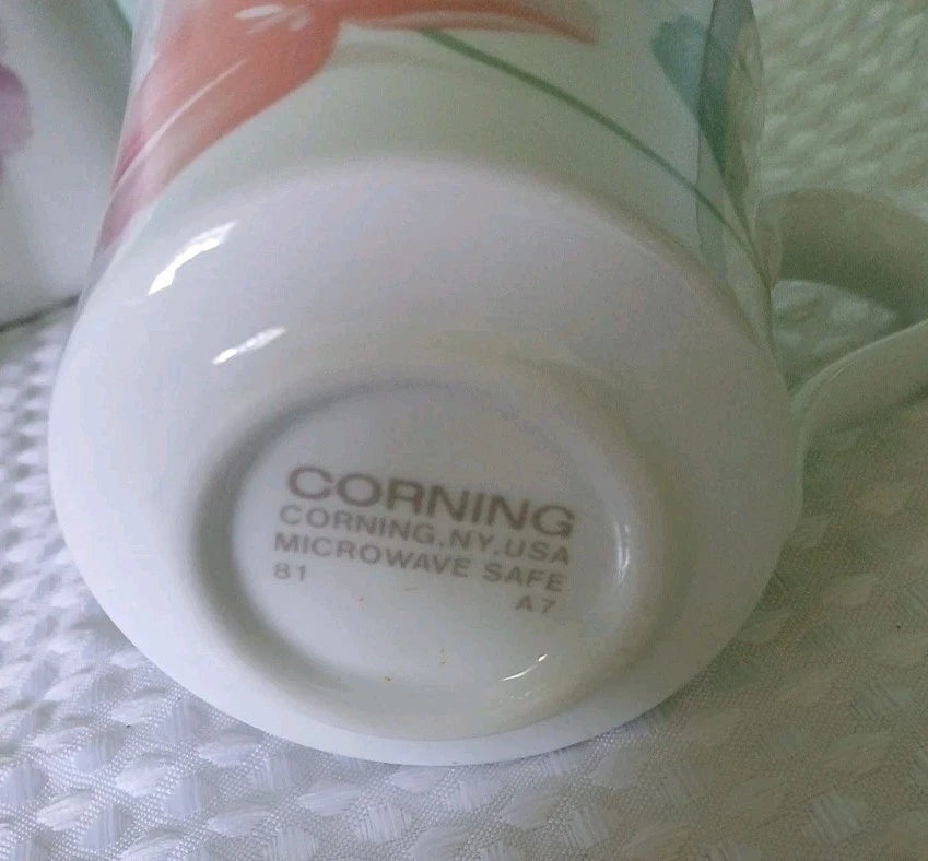 Corning Wear NY Cups and Creamer two sided Floral Design Set of 3