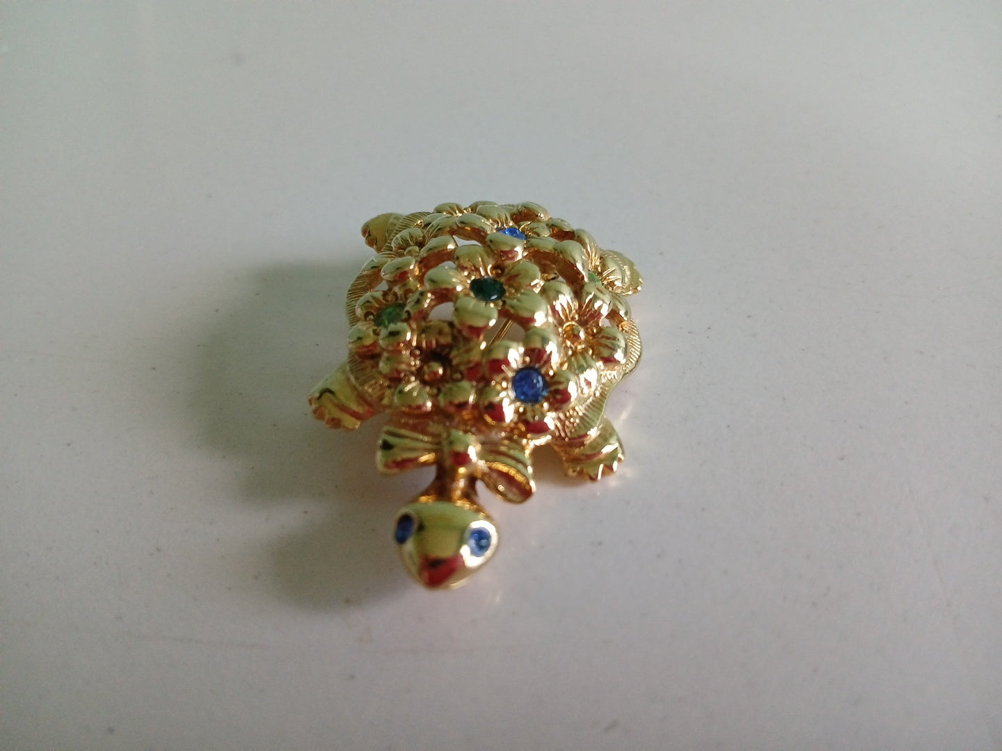 Gold Plated Turtle Pin/ Brooch With Blue & Green Stones