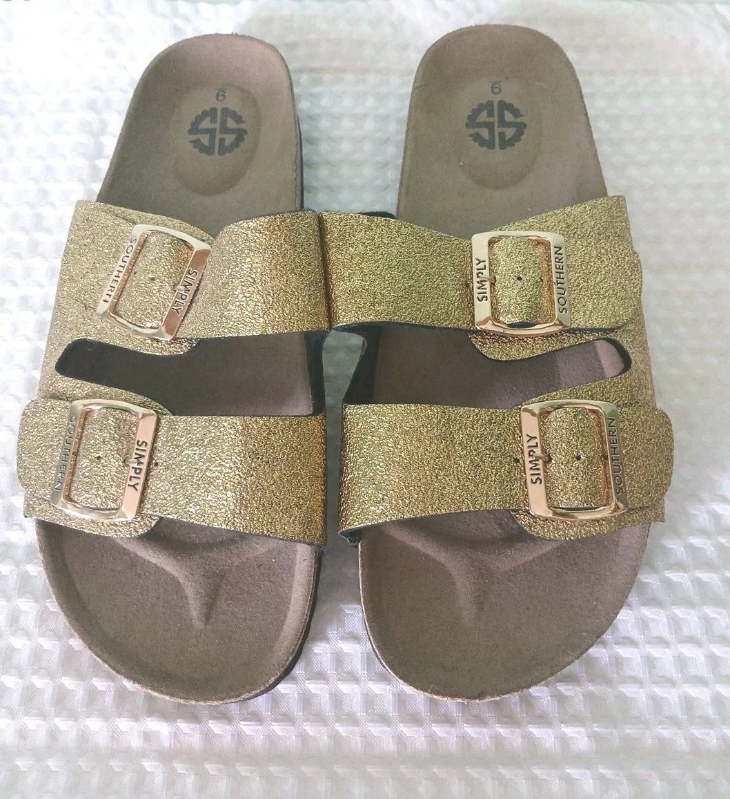 Simply Southern Double Buckle Cork Sandals Sz 9 Gold Open Toe
