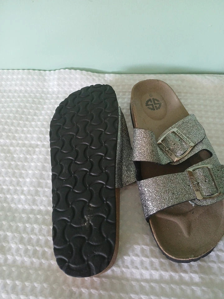 Simply Southern Double Buckle Cork Sandals Sz 9 Silver Open Toe