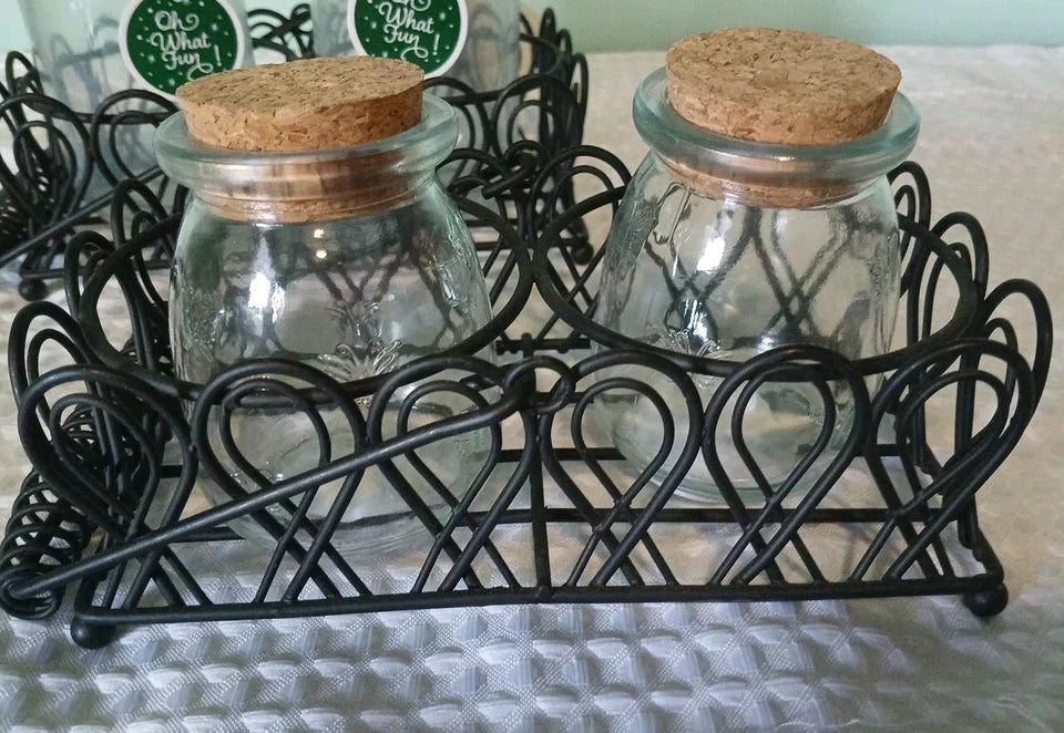 Vintage Glass Spice Jar Set in Metal Basket