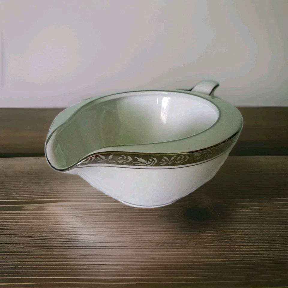 Noritake China Silvester Gravy Boat 2" Japan 6340 White/Silver and Roses