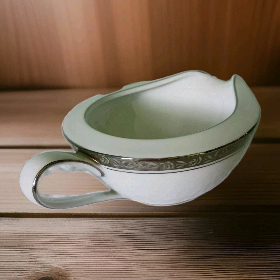 Noritake China Silvester Gravy Boat 2" Japan 6340 White/Silver and Roses