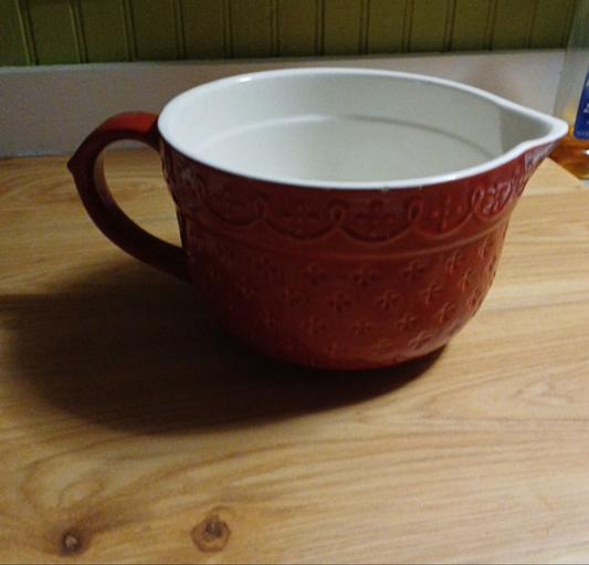 Red Ceramic Mixing Bowl with Handle-scalloped pattern design