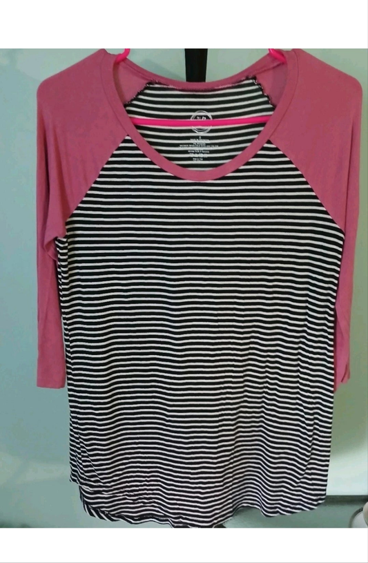 Women's 24/7 Two Tone Pink & Black Striped Tee Shirt Size Small - 3/4 Sleeves
