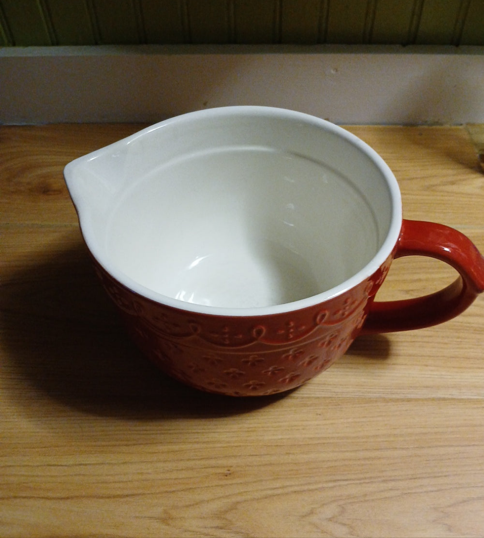 Red Ceramic Mixing Bowl with Handle-scalloped pattern design