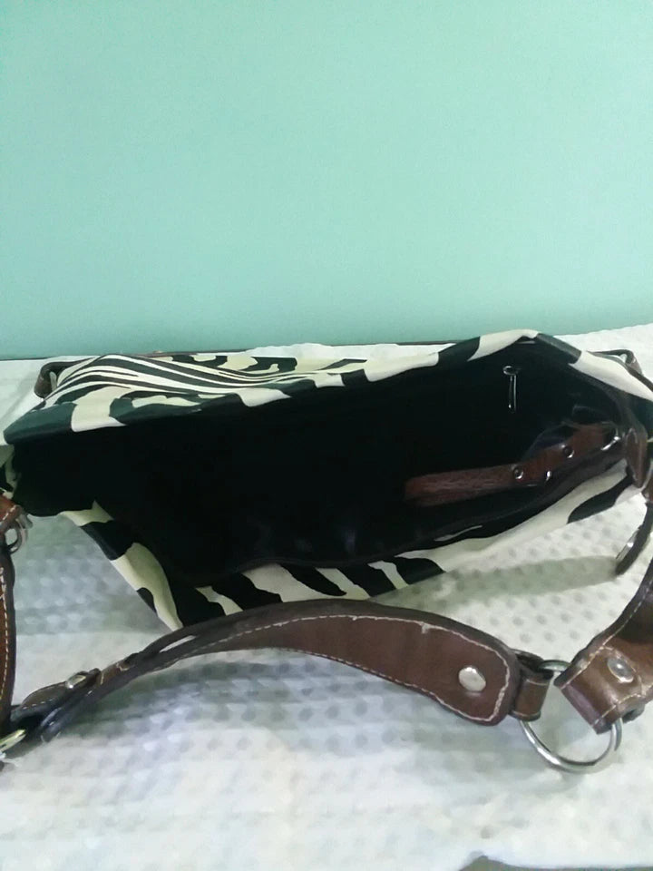Black and White Striped Ladies Hand Bag with Brown Leather Strap