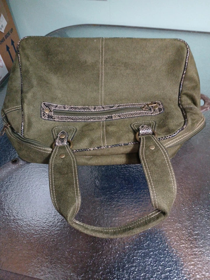 Sage Green Leather Suede Bag with Snake Print Trim