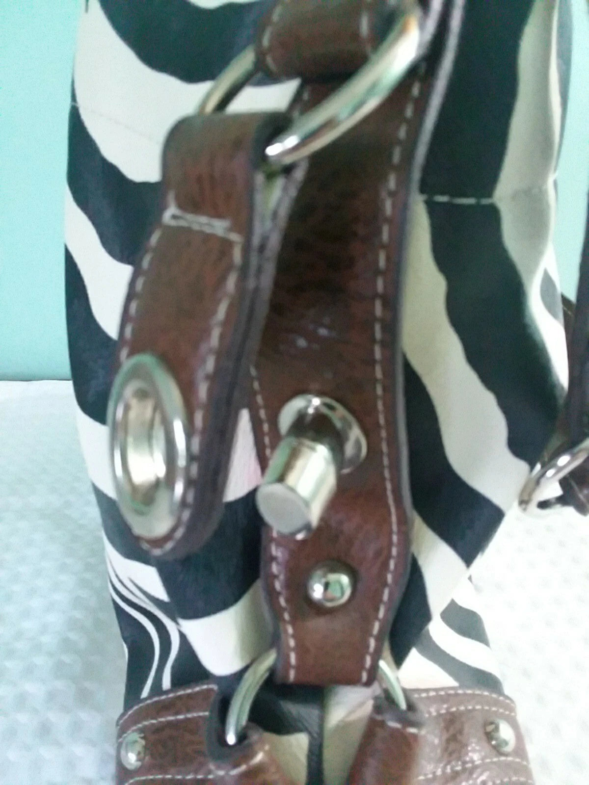 Black and White Striped Ladies Hand Bag with Brown Leather Strap