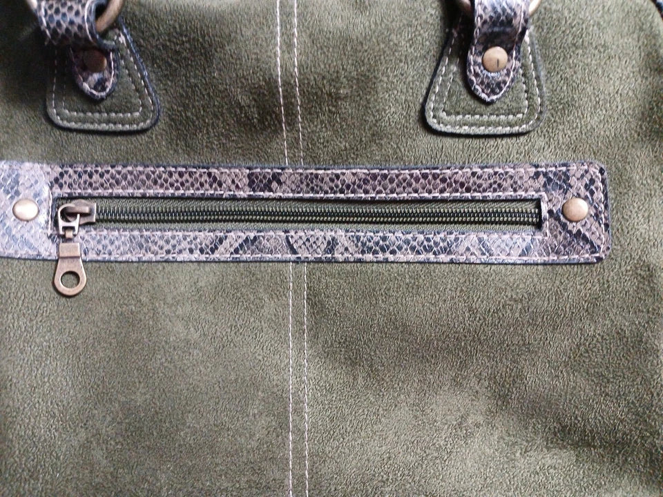 Sage Green Leather Suede Bag with Snake Print Trim