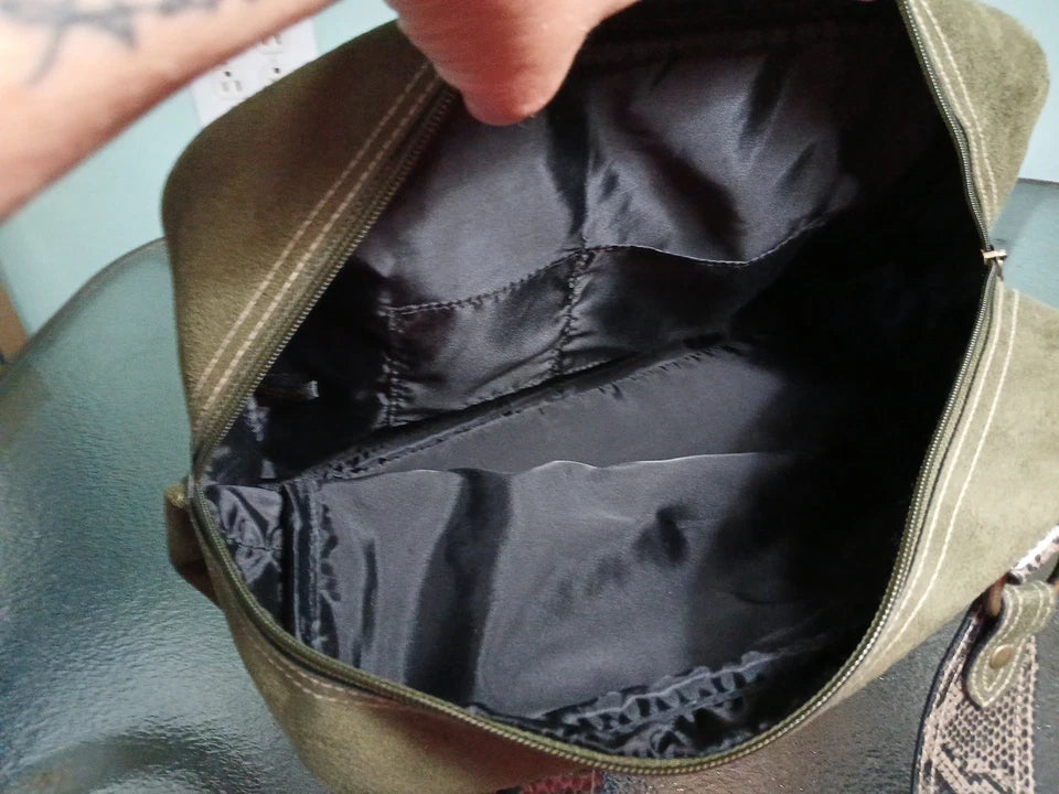 Sage Green Leather Suede Bag with Snake Print Trim