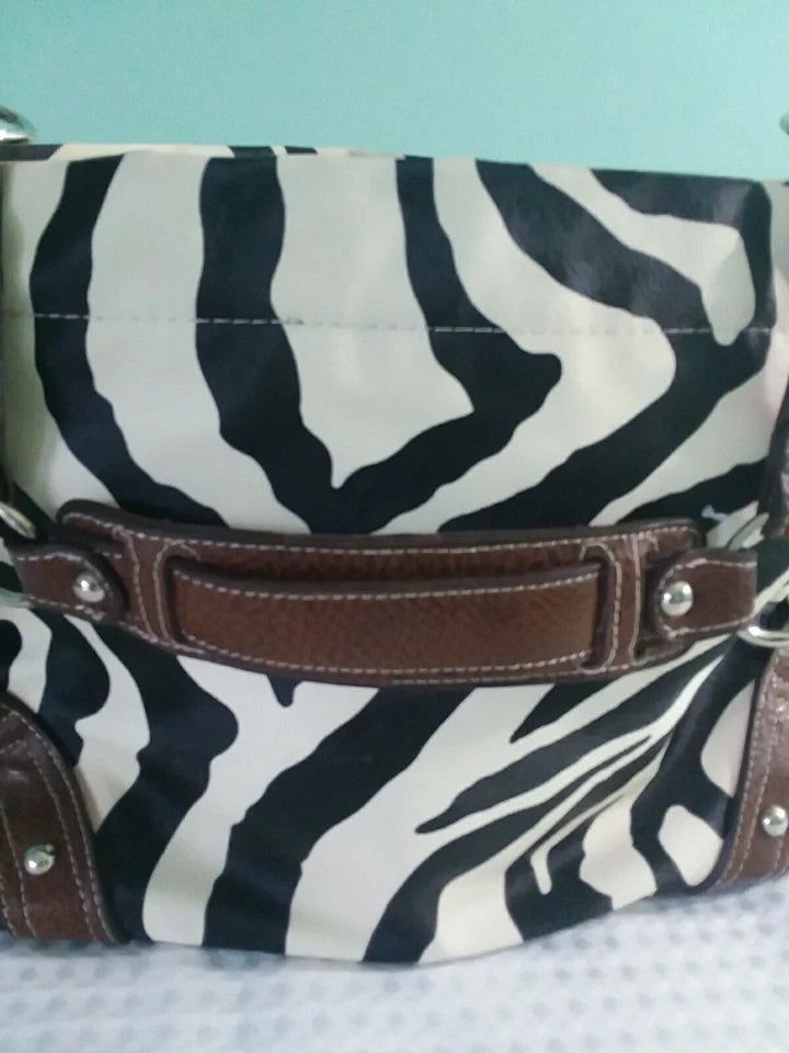 Black and White Striped Ladies Hand Bag with Brown Leather Strap