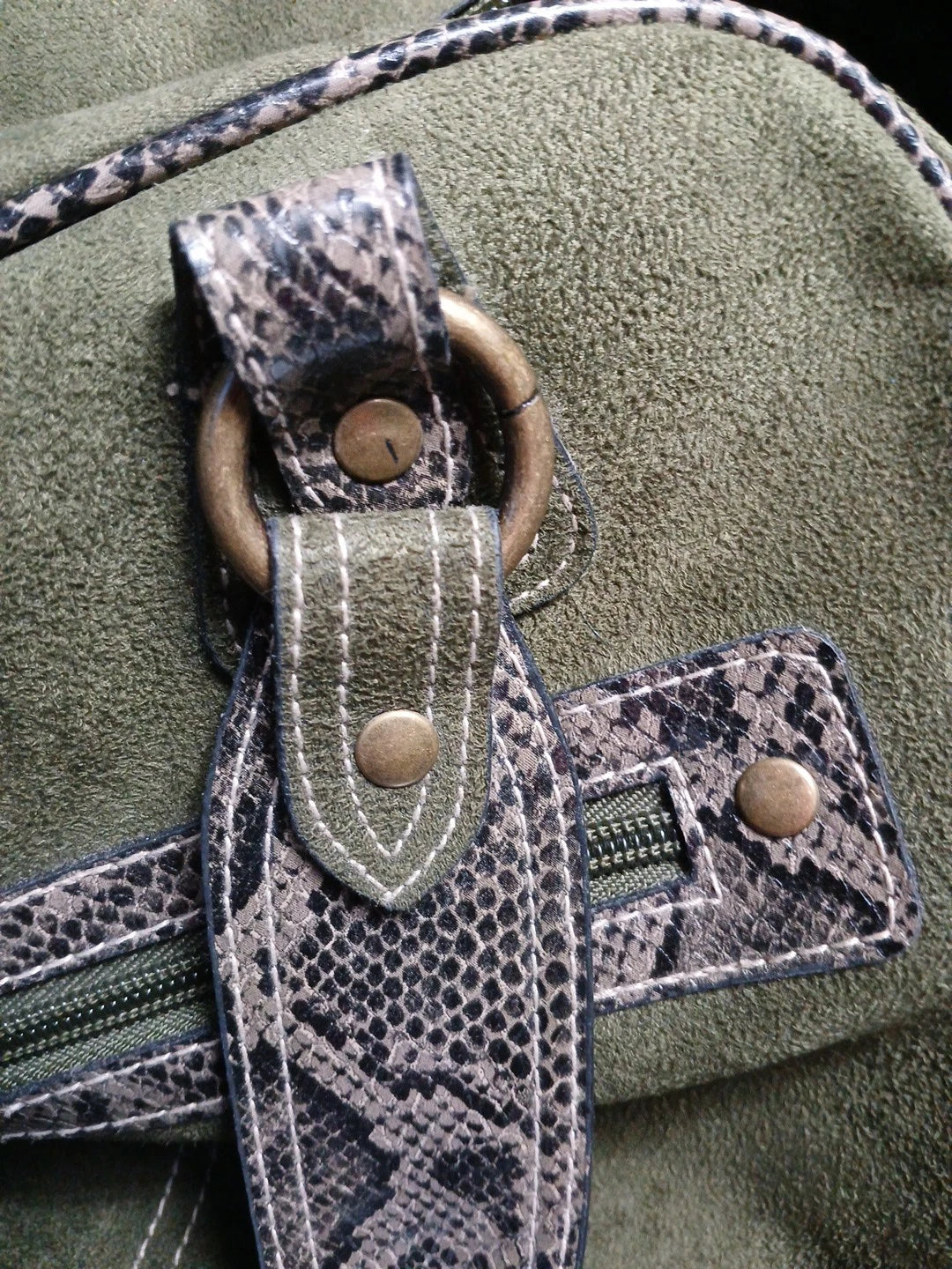 Sage Green Leather Suede Bag with Snake Print Trim
