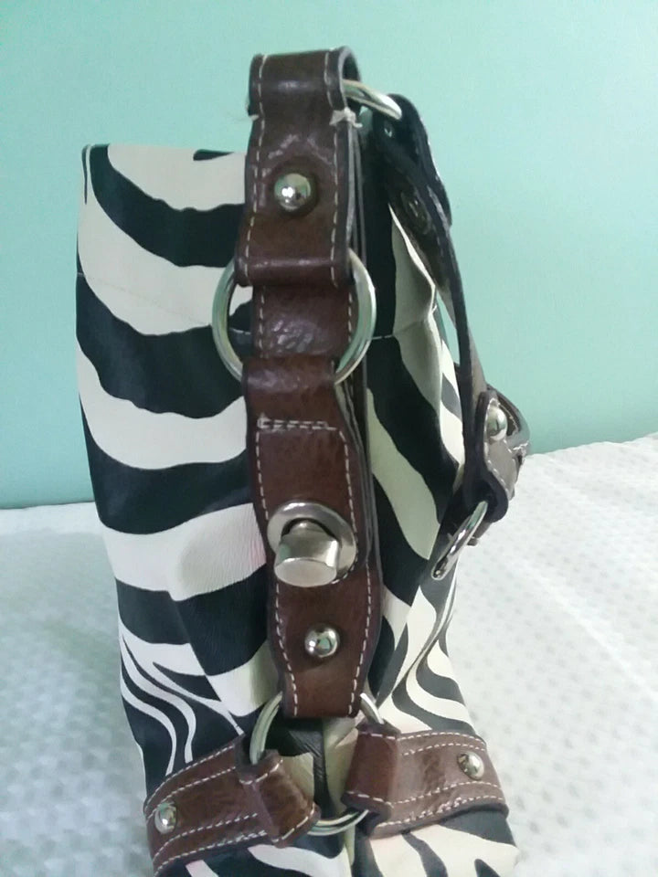Black and White Striped Ladies Hand Bag with Brown Leather Strap