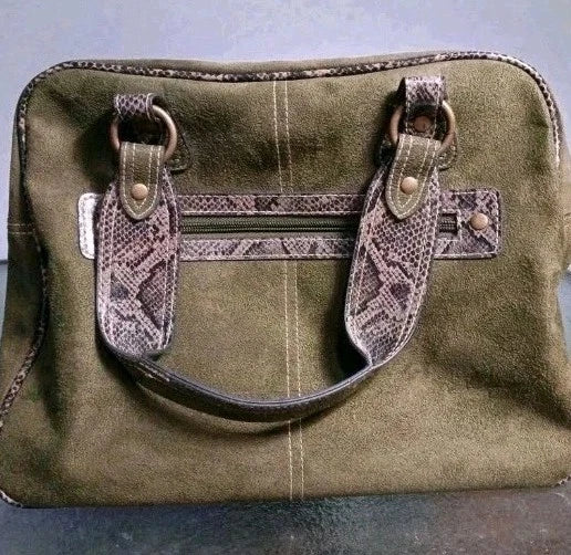 Sage Green Leather Suede Bag with Snake Print Trim