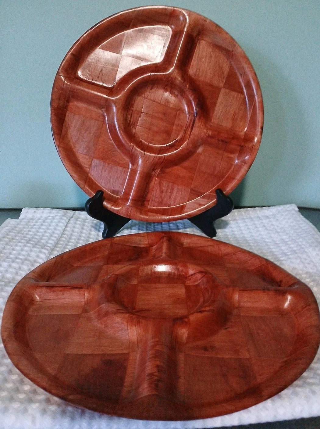 Bamboo Style Sectional Platters Lot Of 2 Stackable retro style