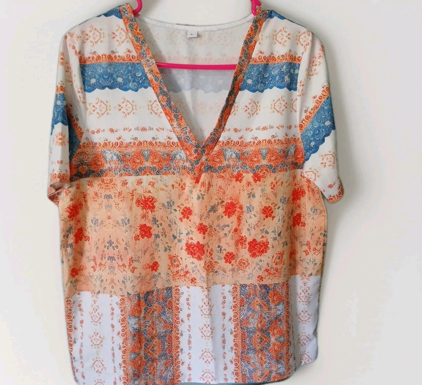 ladies blouse handmade Sz Large V Neck Short Sleeves Light Weight.