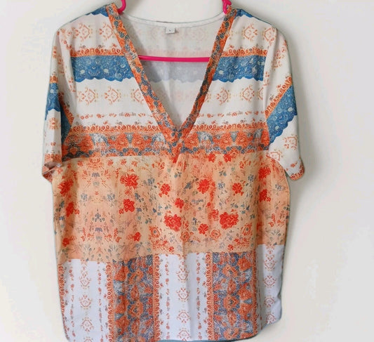 ladies blouse handmade Sz Large V Neck Short Sleeves Light Weight.