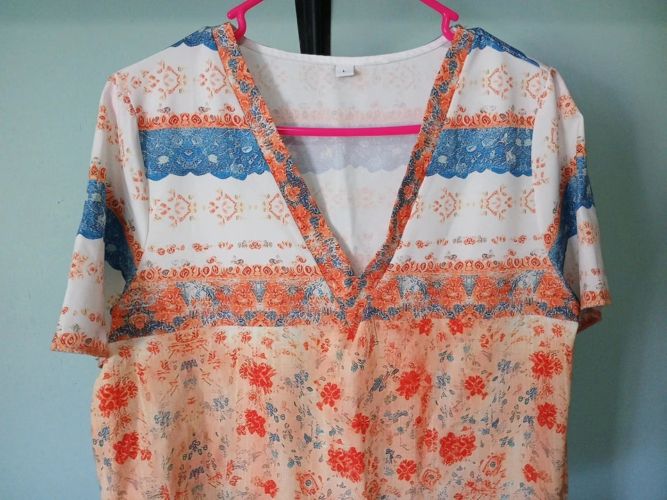 ladies blouse handmade Sz Large V Neck Short Sleeves Light Weight.