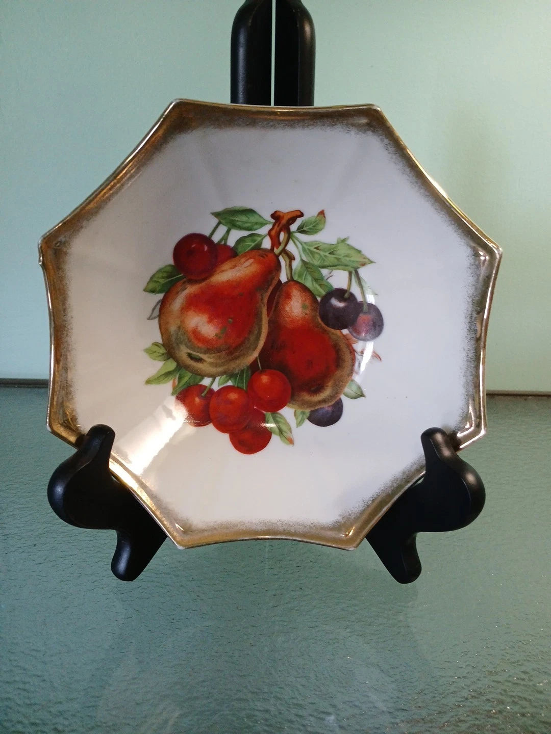 Vntg Fruit Bowl "Pears And Cherries" Octagon Shape Trim With Gold