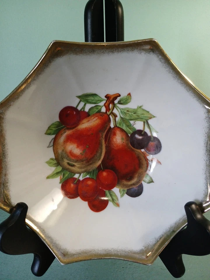 Vntg Fruit Bowl "Pears And Cherries" Octagon Shape Trim With Gold