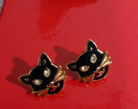 Black Cat Post Earrings - Gold Plated