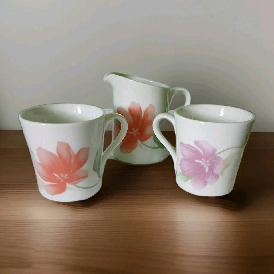 Corning Wear NY Cups and Creamer two sided  Floral Design Set of 3