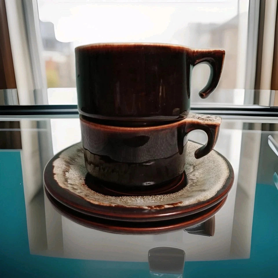 Vntg Brown Drip Glaz Coffee Cups & Saucers USA Pfaltzgraff Ovenproof