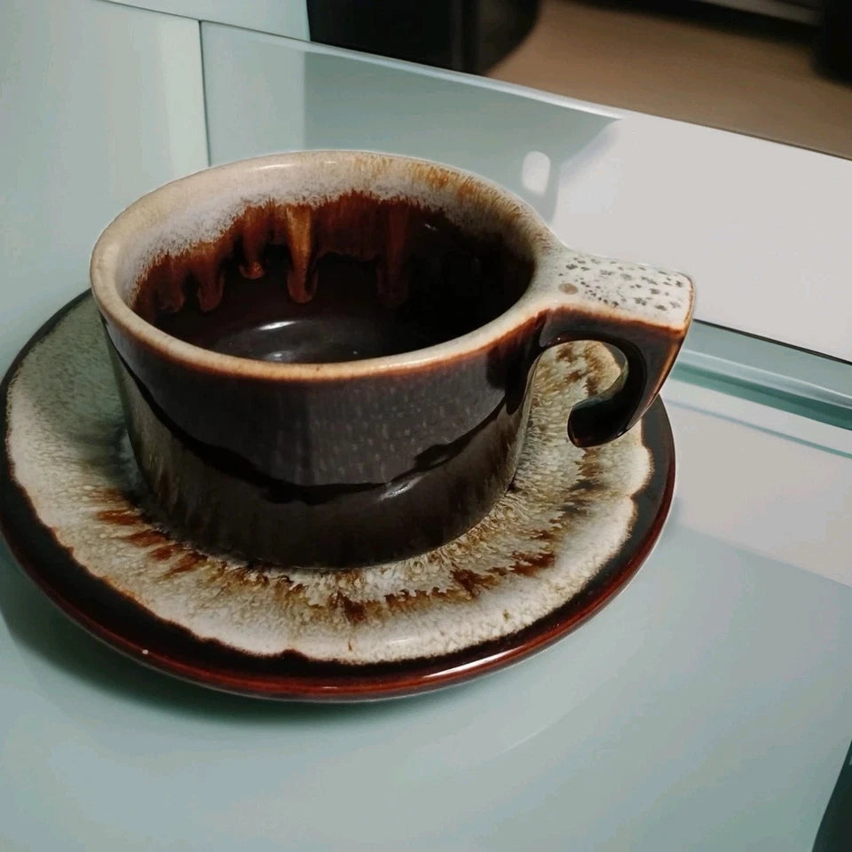 Vntg Brown Drip Glaz Coffee Cups & Saucers USA Pfaltzgraff Ovenproof