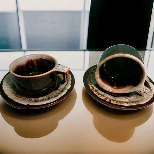 Vntg Brown Drip Glaz Coffee Cups & Saucers USA Pfaltzgraff Ovenproof