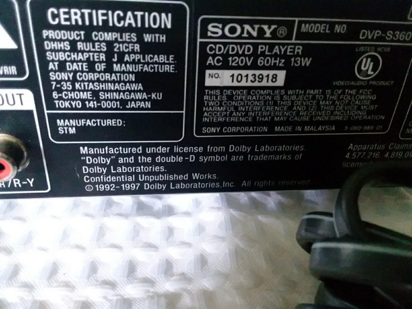 SONY DVD/CD Player DVP-S360