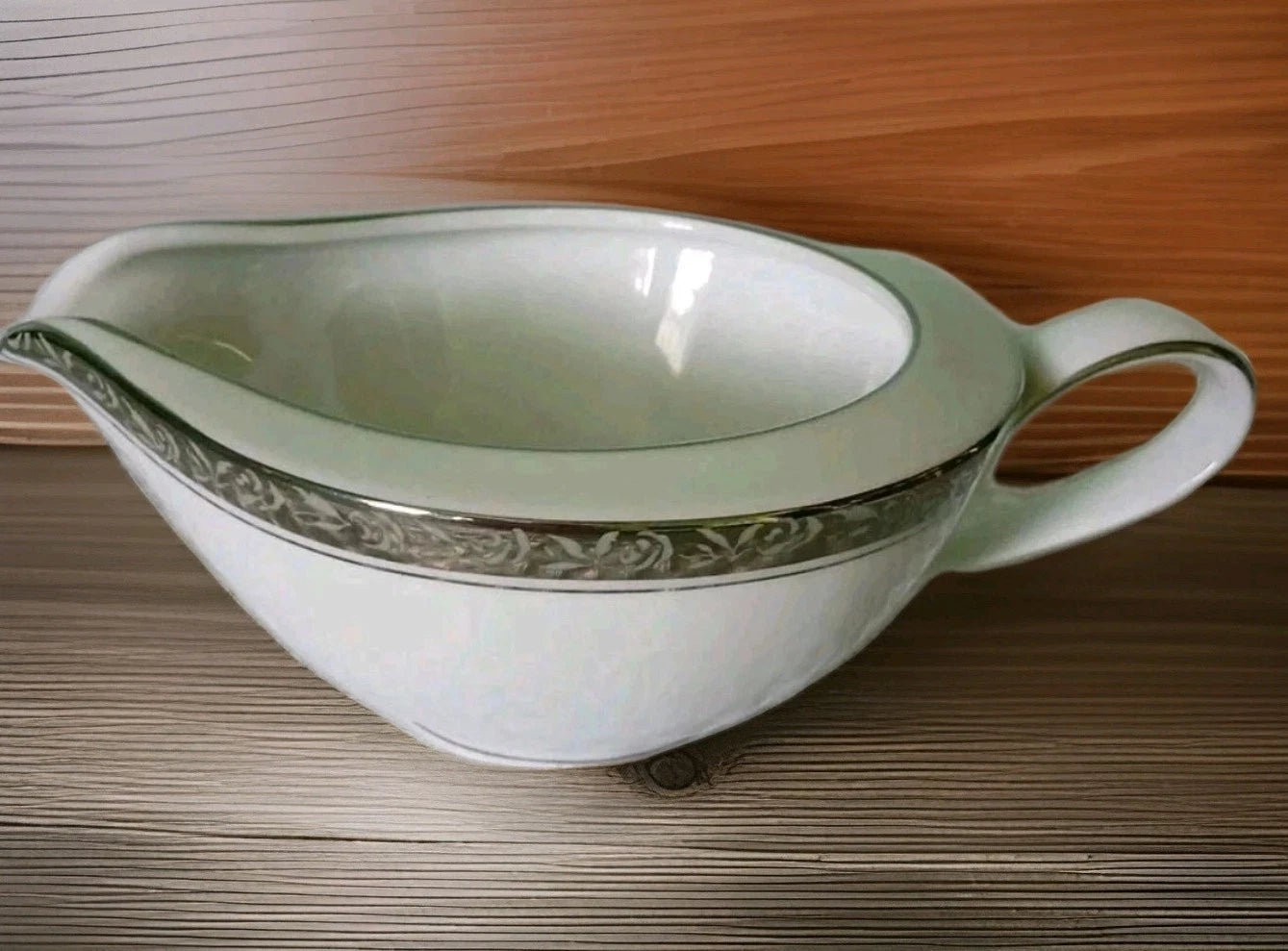 Noritake China Silvester Gravy Boat 2" Japan 6340 White/Silver and Roses