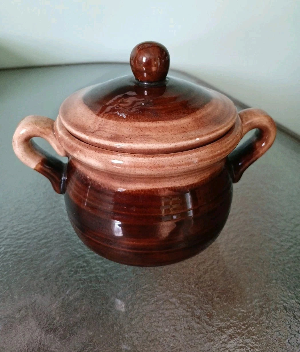 Small Honey Pot with Lid - Brown Drip Glaze Pottery