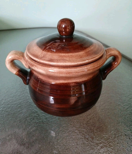 Small Honey Pot with Lid - Brown Drip Glaze Pottery
