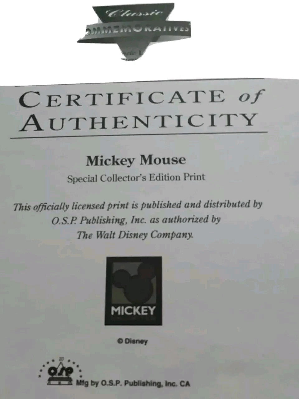 Mickey's Certificate Of Authentication