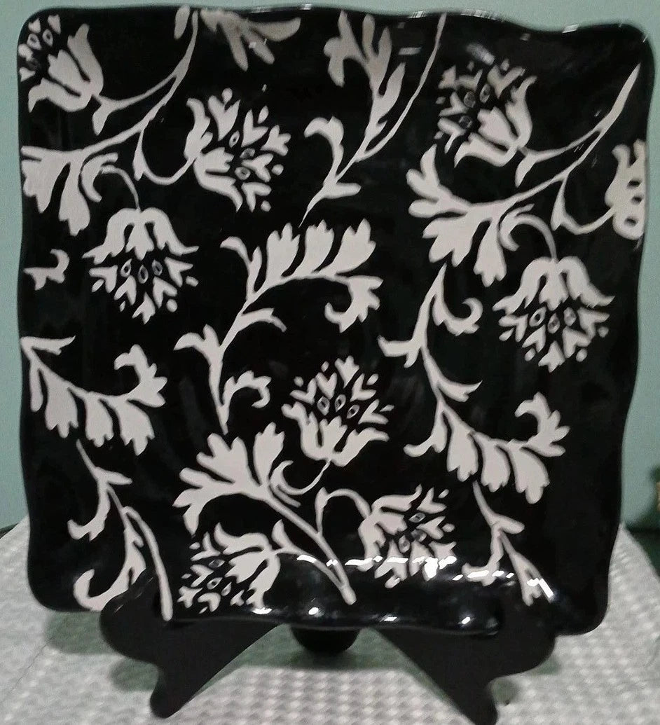 Vintage Black White Damask Floral Serving Platter