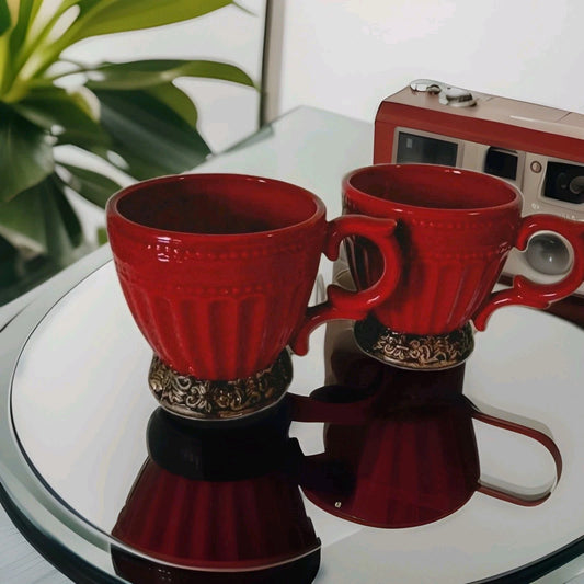Lot Of 2 Burgundy Red Japanese Style Coffee Cups