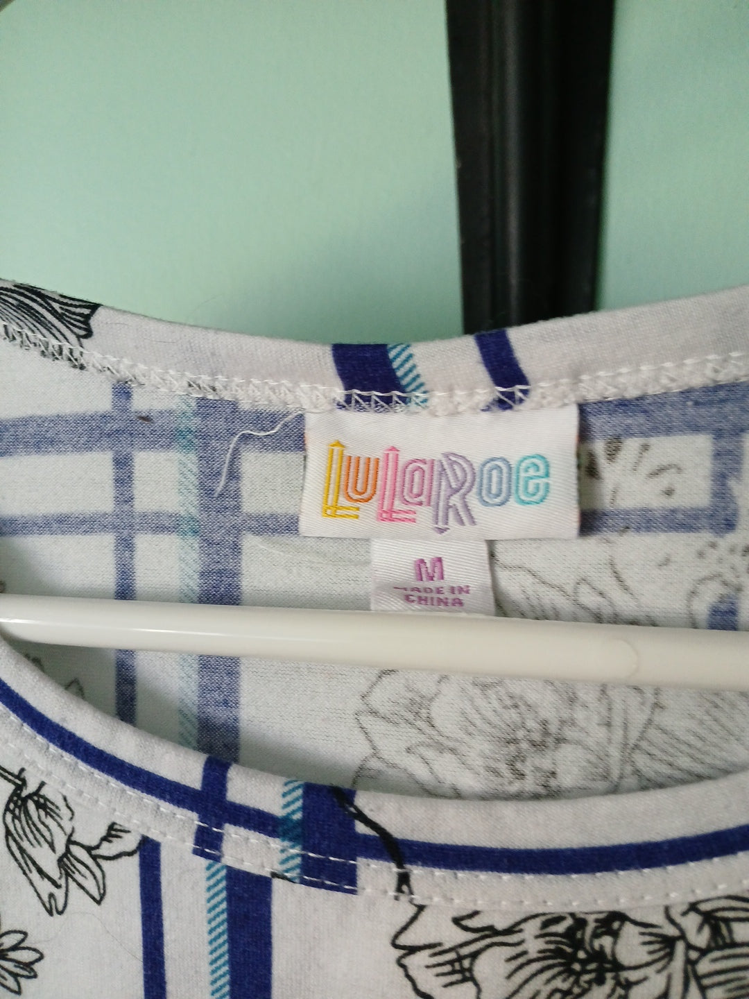 LULAROE dress with Pockets /White, Blue Squares, & Floral Sz M