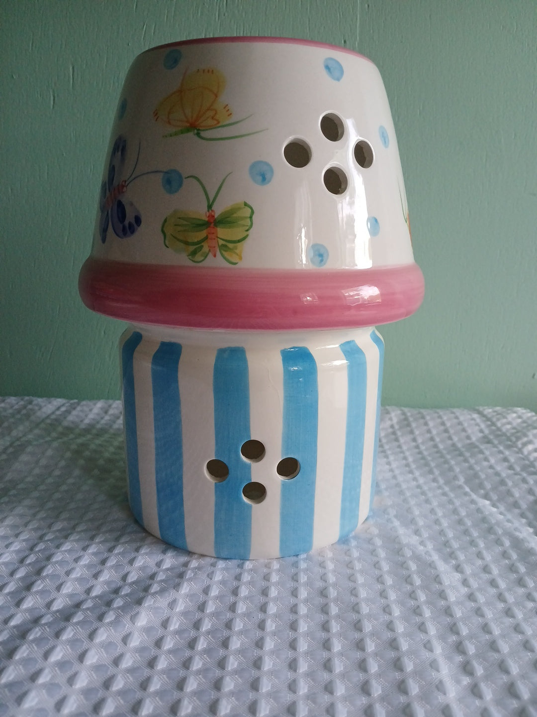 9" candle holder stand and shade, blue and pink with butterfly theme