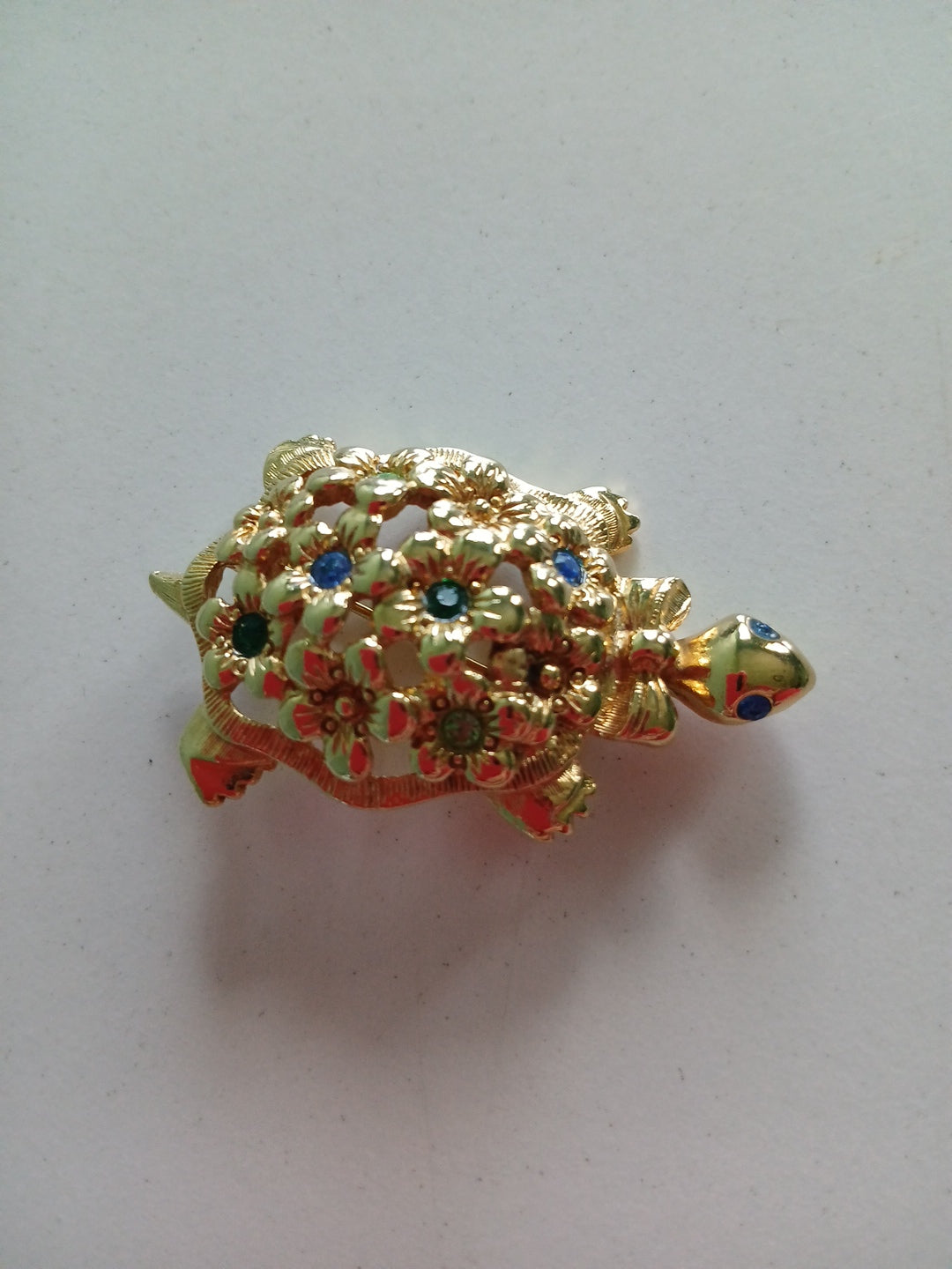 Gold Plated Turtle Pin/ Brooch With  Blue & Green Stones