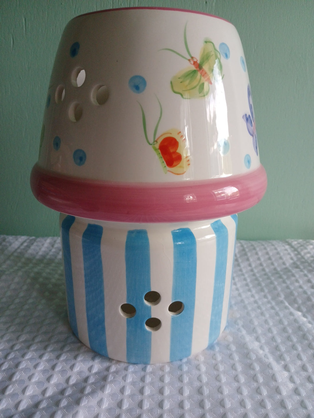 9" candle holder stand and shade, blue and pink with butterfly theme