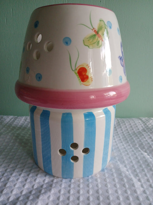9" candle holder stand and shade, blue and pink with butterfly theme