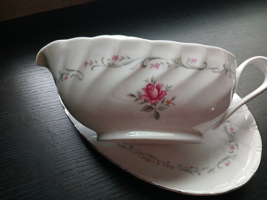Royal Swirl fine china gravy boat with under plate ,silver trim and pink rose MS