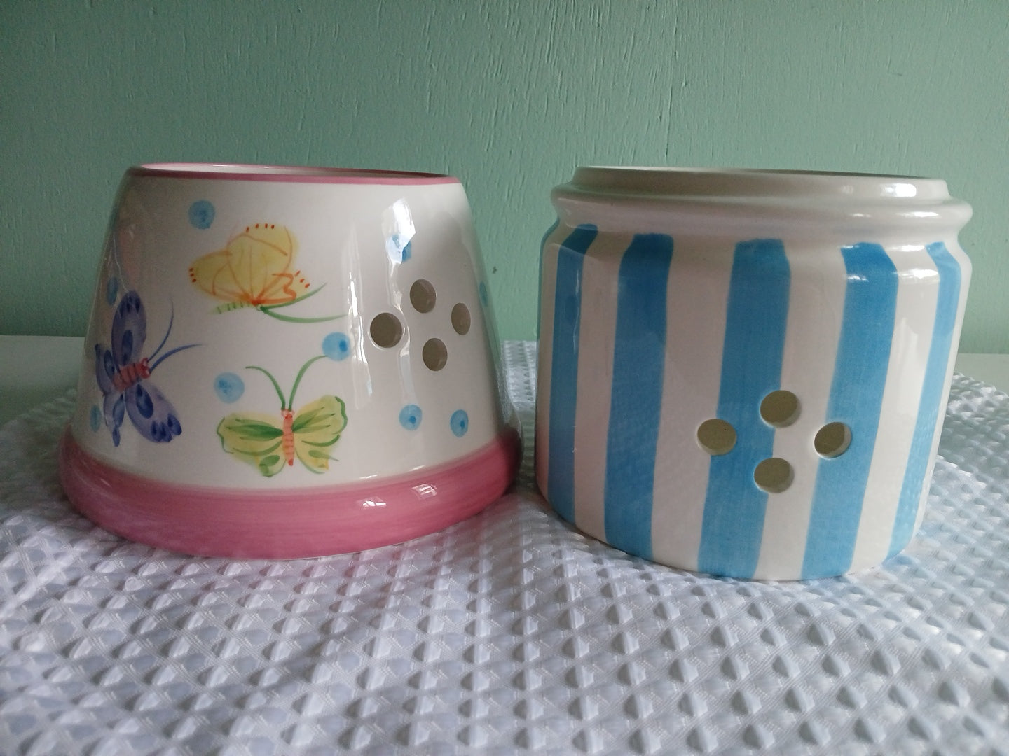 9" candle holder stand and shade, blue and pink with butterfly theme