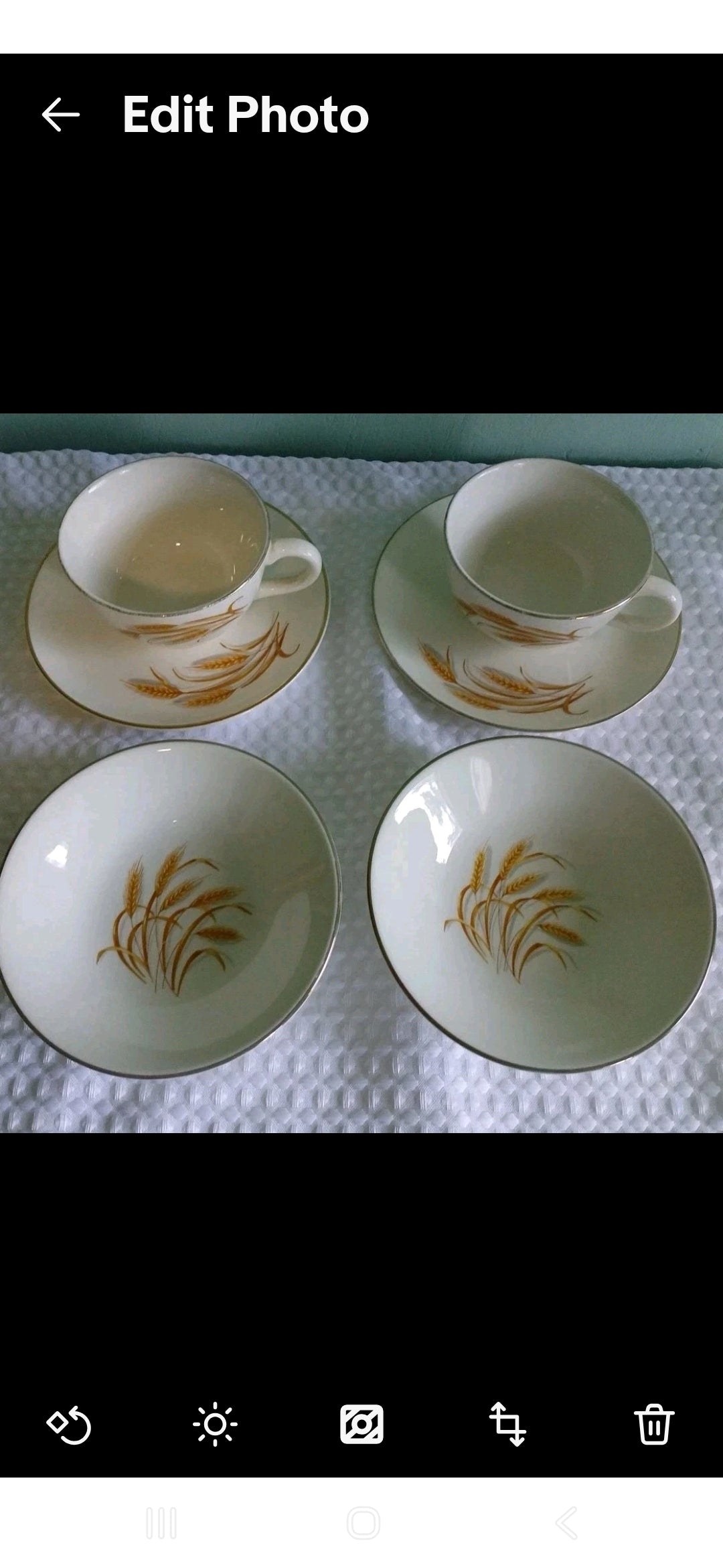 Vtg.Homer Laughlin Golden Wheat 22k Gold Tea Cups & Saucers & Bowls Serving 2