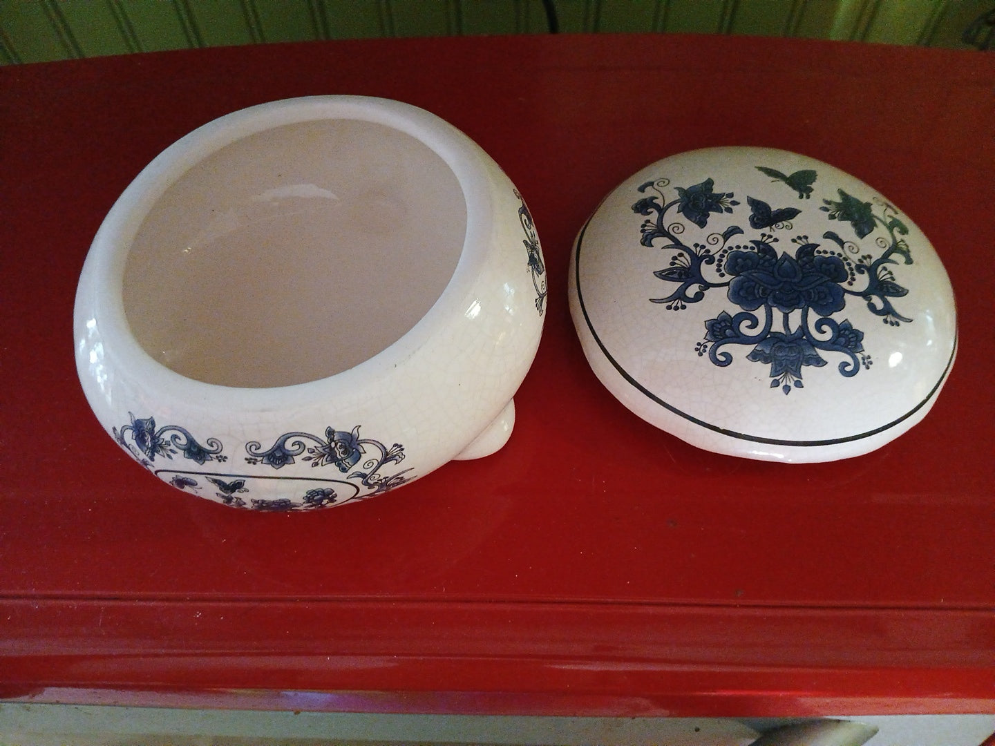 Ceramic White Jewelry Box With Blue Floral & Butterfly Design